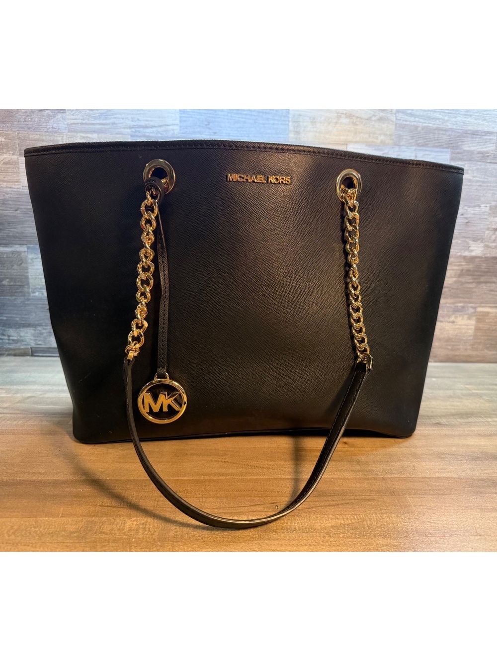 Michael Kors Black Saffiano Leather Large Tote Gold Chain Shoulder Bag (hb2/cp)